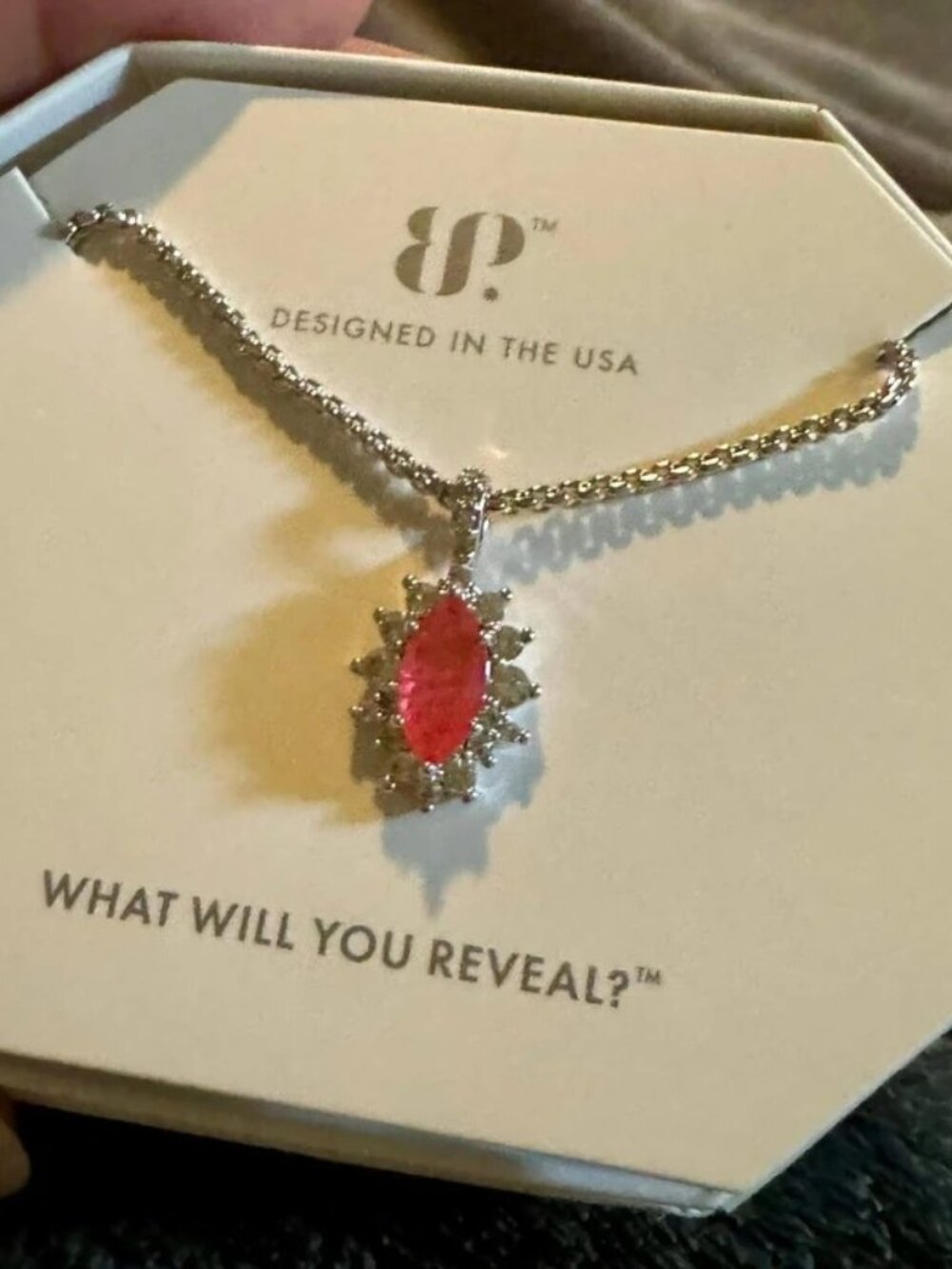 bp Silver Necklace with Pink Marquise Halo Pendant